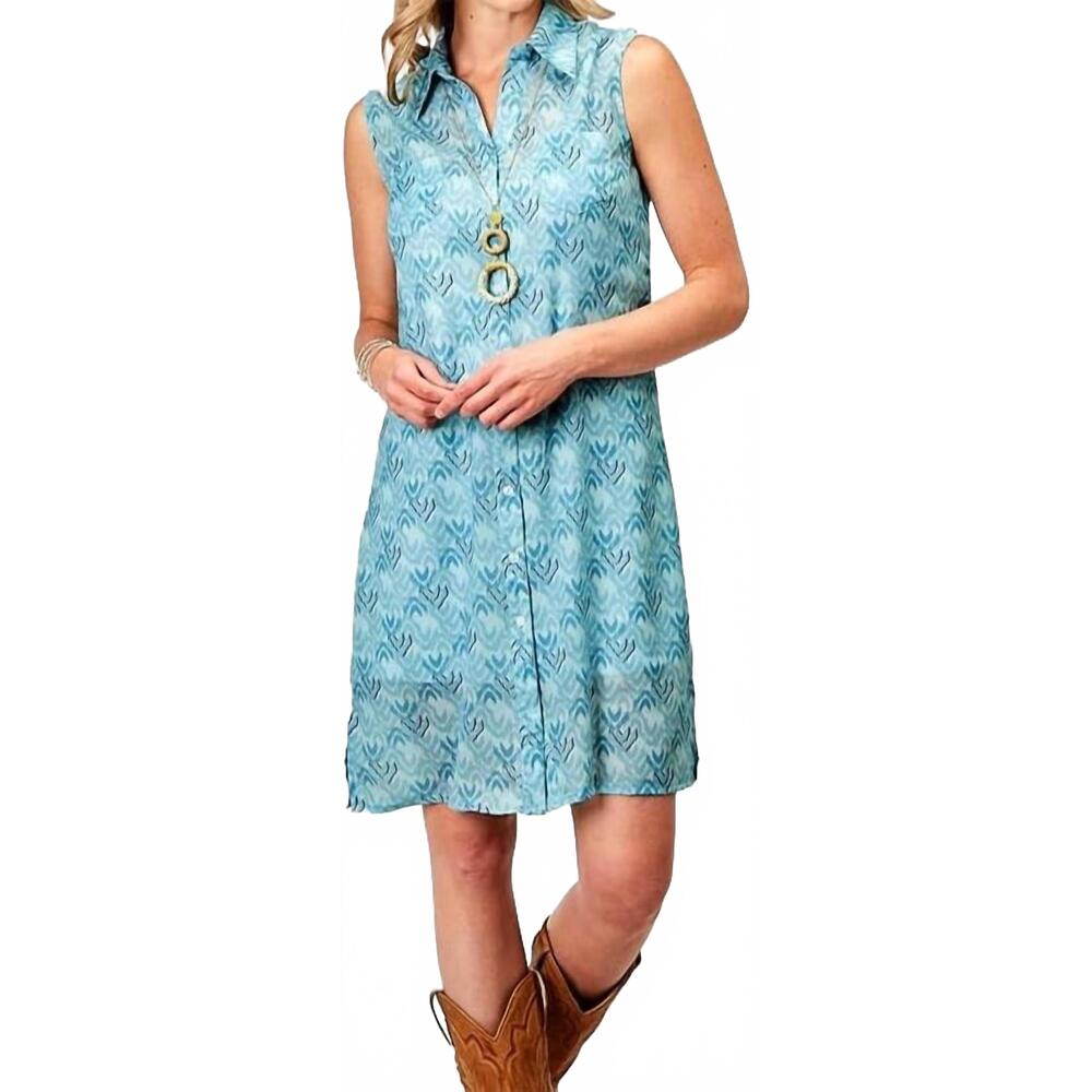 NEW ROPER ikat chevron print poly sleeveless dress in blue